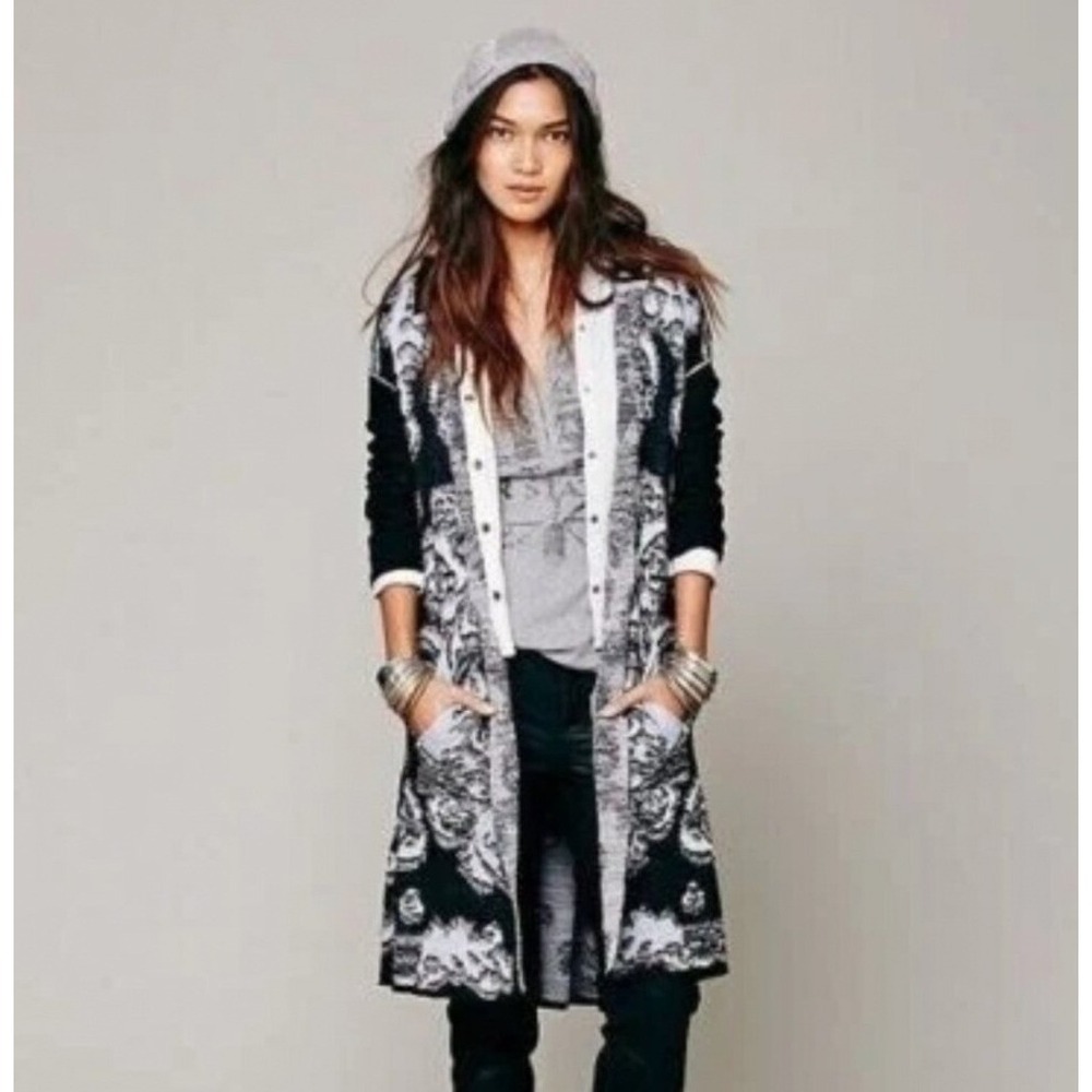 Free People After The Storm Hooded Cardigan Black White Floral Duster XS